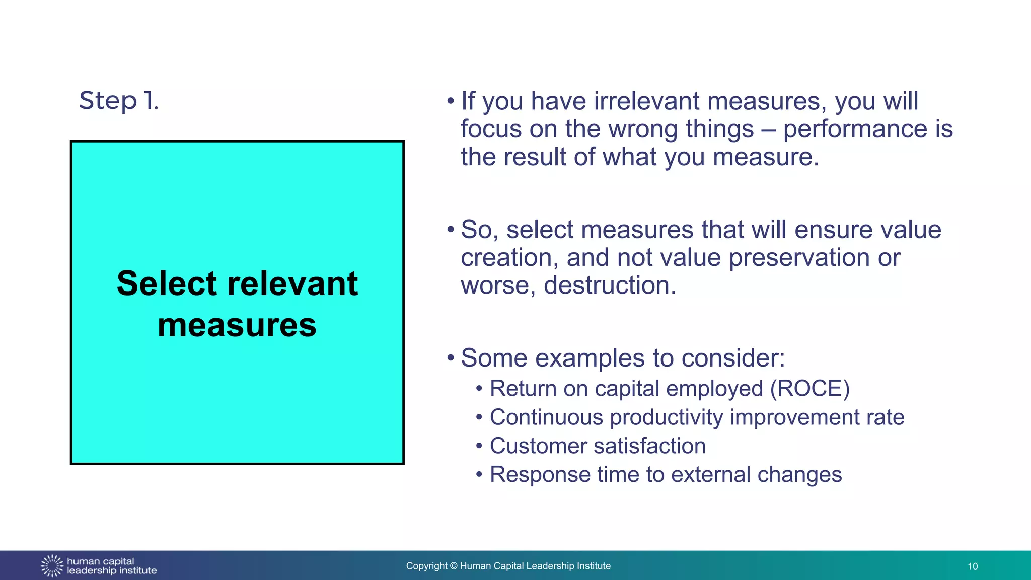 Copyright © Human Capital Leadership Institute
Step 1. • If you have irrelevant measures, you will
focus on the wrong things – performance is
the result of what you measure.
• So, select measures that will ensure value
creation, and not value preservation or
worse, destruction.
• Some examples to consider:
• Return on capital employed (ROCE)
• Continuous productivity improvement rate
• Customer satisfaction
• Response time to external changes
Select relevant
measures
10
 