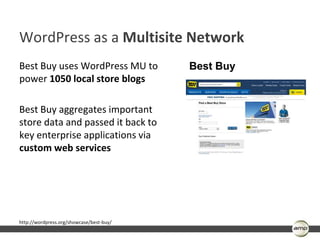 WordPress as a Multisite Network
Best Buy uses WordPress MU to             Best Buy
power 1050 local store blogs

Best Buy aggregates important
store data and passed it back to
key enterprise applications via
custom web services




http://wordpress.org/showcase/best-buy/
 