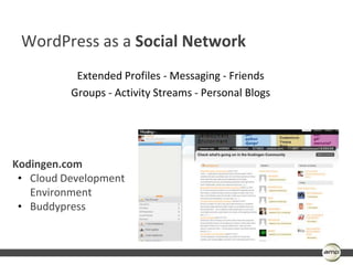 WordPress as a Social Network
           Extended Profiles - Messaging - Friends
          Groups - Activity Streams - Personal Blogs




Kodingen.com
 • Cloud Development
   Environment
 • Buddypress
 