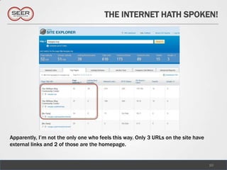 THE INTERNET HATH SPOKEN!




Apparently, I’m not the only one who feels this way. Only 3 URLs on the site have
external links and 2 of those are the homepage.


                                                                                    10
 