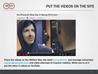 PUT THE VIDEOS ON THE SITE




Place the videos on the William Way site itself (using Wistia) and leverage transcripts
(using Speechpad.com) and video sitemaps to improve visibility. While you’re at it
put the other 2 videos on YouTube.

                                                                                    14
 