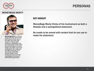 PERSONAS
    MONEYBAGS MONTY

                                         KEY INSIGHT

                                         MoneyBags Monty thinks of his involvement as both a
                                         lifestyle and a sociopolitical statement.

                                         He needs to be armed with content that he can use to
•    Moneybags Monty is a 36 year        make his statement.
     old gay suburban home owner
     who is has an active voice in
     the LGBT community. Bob
     works for a Fortune 500
     company in Philadelphia and
     has a disposable income which
     he uses to partake in the finer
     things in life. While most of his
     social beliefs fall in align with
     the LGBT community, he is
     very fiscally responsible.
     However being a fiscal
     conservative does not hinder
     his willingness to donate to
     LGBT based organizations.




                                                                                            24
 