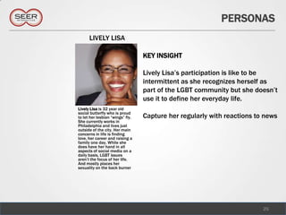PERSONAS
      LIVELY LISA

                                  KEY INSIGHT

                                  Lively Lisa’s participation is like to be
                                  intermittent as she recognizes herself as
                                  part of the LGBT community but she doesn’t
                                  use it to define her everyday life.
Lively Lisa is 32 year old
social butterfly who is proud
to let her lesbian “wings” fly.   Capture her regularly with reactions to news
She currently works in
Philadelphia and lives just
outside of the city. Her main
concerns in life is finding
love, her career and raising a
family one day. While she
does have her hand in all
aspects of social media on a
daily basis, LGBT issues
aren’t the focus of her life.
And mostly places her
sexuality on the back burner




                                                                         25
 