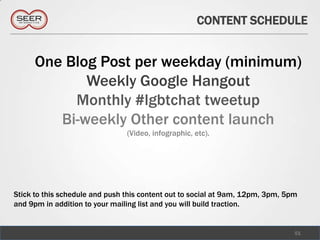 CONTENT SCHEDULE


      One Blog Post per weekday (minimum)
             Weekly Google Hangout
           Monthly #lgbtchat tweetup
         Bi-weekly Other content launch
                                (Video, infographic, etc).




Stick to this schedule and push this content out to social at 9am, 12pm, 3pm, 5pm
and 9pm in addition to your mailing list and you will build traction.


                                                                                51
 