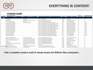 EVERYTHING IS CONTENT!




I did a complete content audit of assets across the William Way ecosystem….




                                                                              7
 