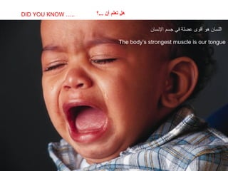 SABIAS QUE…
The body’s strongest muscle is our tongue
DID YOU KNOW ….. ‫...؟‬ ‫أن‬ ‫تعلم‬ ‫هل‬
‫السنسان‬ ‫جسم‬ ‫في‬ ‫عضلة‬ ‫أقوى‬ ‫هو‬ ‫اللسان‬
 
