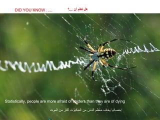 SABIAS QUE…
Statistically, people are more afraid of spiders than they are of dying
DID YOU KNOW ….. ‫...؟‬ ‫أن‬ ‫تعلم‬ ‫هل‬
‫المو ت‬ ‫من‬ ‫أكثر‬ ‫العنكبو ت‬ ‫من‬ ‫الناس‬ ‫معظم‬ ‫يخاف‬ ‫إحصائيا‬
 