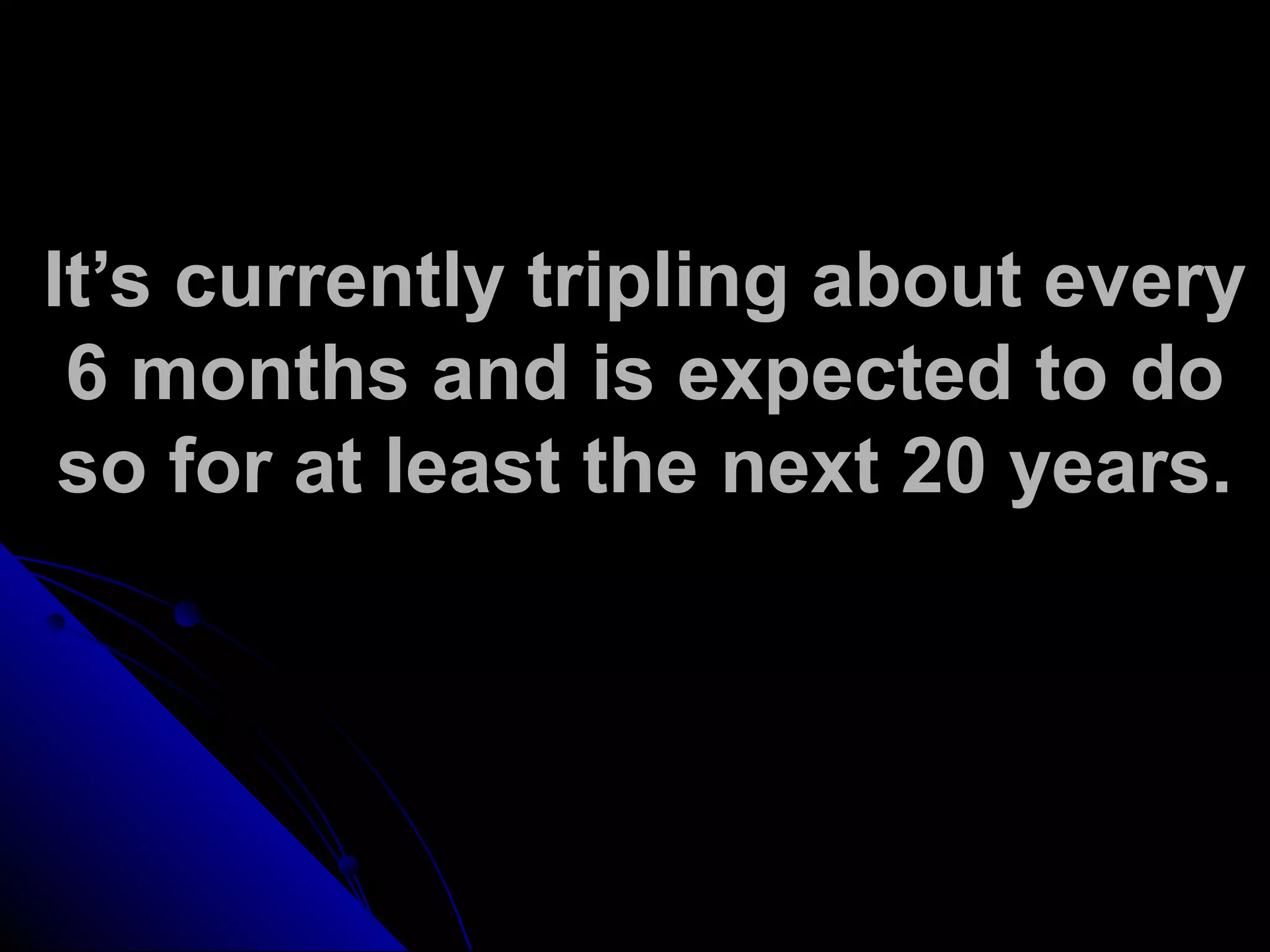 It’s currently tripling about every
6 months and is expected to do
so for at least the next 20 years.
 