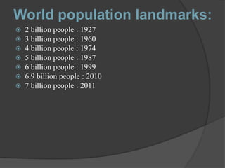 World population landmarks:








2 billion people : 1927
3 billion people : 1960
4 billion people : 1974
5 billion people : 1987
6 billion people : 1999
6.9 billion people : 2010
7 billion people : 2011

 