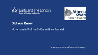 Did You Know..
More than half of the SMD’s staff are female?
www.smd.qmul.ac.uk/about/athenaswan
 