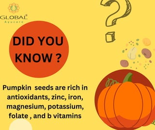 DID YOU
KNOW ?
Pumpkin seeds are rich in
antioxidants, zinc, iron,
magnesium, potassium,
folate , and b vitamins
 