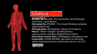 Credits &
 sources
•Written by: XPLANE, The Economist, Scott McLeod,
 Karl Fisch, Laura Bestler
•Designed by: XPLANE | The visual thinking company
 www.xplane.com
•Photography: iStockphoto, Library of Congress
•Music: “Home Tonight” by DoKashiteru
 www.ccmixter.org/ﬁles/DoKashiteru/15611
•Download source ﬁles: shifthappens.wikispaces.com
•Copyright: ©2009 XPLANE, but open to remixing:
 www.creativecommons.org/licenses/by-nc-sa/3.0/
 
