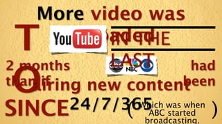 More video was
 T      uploaded
            IN THE
            LAST
2 months           had
 O 24/7/365
than if
  airing new content      been

SINCE        (   Which was when
                   ABC started
                  broadcasting.
                                  )
 