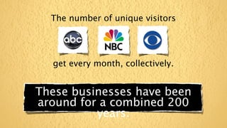 The number of unique visitors




  get every month, collectively.


These businesses have been
around for a combined 200
          years.
 
