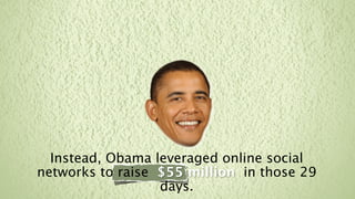 Instead, Obama leveraged online social
networks to raise $55 million in those 29
                  days.
 