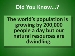 The world’s population is growing by 200,000 people a day but our natural resources are dwindling. Did You Know…? 