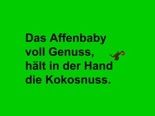 Das Affenbaby voll Genuss, hält in der Hand  die Kokosnuss.   