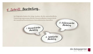 4. Schritt: Bearbeitung
Im Folgenden finden Sie einige Ansätze, die die unterschiedliche
Umsetzung segmentspezifischer Kommunikation entsprechend
der vorstehend beschriebenen Auswahlkriterien darstellen.
1. Konzentriertes
Marketing
3. Differenziertes
Marketing
2. Selektiertes
Marketing
 