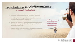 Herausforderung der Marktsegmentierung
– Kontext Kundendialog –
Marktsegmentierung
ist ein Erfolgfaktor
für wirkungsvolles
Dialogmarketing! 
•	 Definition und Identifikation der relevanten Segmente
•	 zuverlässige Zuordnung von Kunden und Interessenten
zu einem oder mehreren Segment/en
•	 Auswahl der geeigneten Segmente zur Bedienung aktueller
Herausforderungen und zur Erzielung von schnellen
Resultaten (Quick-Wins)
•	 Transformation von einer reinen Produktkommunikation
zu einer wertebasierten Kommunikation
 