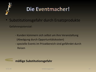 Substitutionsgefahr durch Ersatzprodukte Gefahrenpotenzial: - Kunden kümmern sich selbst um ihre Veranstaltung   (Abwägung durch Opportunitätskosten) - spezielle Events im Privatbereich sind gefährdet durch   Reisen mäßige Substitutionsgefahr 29.05.09 Gliederungspunkt 2 