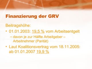 Finanzierung der GRV Beitragshöhe: 01.01.2003:  19,5 %  vom Arbeitsentgelt davon je zur Hälfte Arbeitgeber – Arbeitnehmer (Parität) Laut Koalitionsvertrag vom 18.11.2005: ab 01.01.2007  19,9 % 