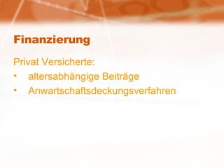 Finanzierung Privat Versicherte: altersabhängige Beiträge Anwartschaftsdeckungsverfahren 