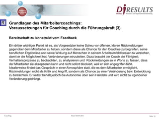 Seite 15Coaching Stand 20.07.2011
Bereitschaft zu konstruktivem Feedback
Ein dritter wichtiger Punkt ist es, als Vorgesetzter keine Scheu vor offenen, klaren Rückmeldungen
gegenüber dem Mitarbeiter zu haben, sondern diese als Chance für den Coachee zu begreifen, seine
beruflichen Ergebnisse und seine Wirkung auf Menschen in seinem Arbeitsumfeld besser zu verstehen,
damit er die Möglichkeit hat, Veränderungen einzuleiten. Dazu braucht der Coach die Fähigkeit,
Verhaltensprozesse zu beobachten, zu analysieren und Rückmeldungen so in Worte zu fassen, dass
der Mitarbeiter sie akzeptieren kann und nicht sofort blockiert, weil er sich angegriffen fühlt.
Idealerweise findet das Gespräch in einer Atmosphäre statt, die es dem Mitarbeiter ermöglicht,
Rückmeldungen nicht als Kritik und Angriff, sondern als Chance zu einer Veränderung bzw. Entwicklung
zu betrachten. Er selbst behält jedoch die Autonomie über sein Handeln und wird nicht zu irgendeiner
Veränderung gedrängt.
1 Grundlagen des Mitarbeitercoachings:
Voraussetzungen für Coaching durch die Führungskraft (3)
 