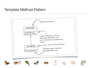 Template-Method-Pattern
 !!"""#$#"%&'()*+,,-../0120.)%)..34
                                   012567.8*.95:;54.)!!8..<<='&.<<




                                                                     AbstractCar-Klasse


                                         AbstractClass


                                     +templateMethod()
                                     #primitiveOperation()
                                                                     inspect()-Methode, ruft die
                                                                     abstrakten Methoden auf,
                                                                     die in Unterklassen implementiert
                                                                      werden
                                                                            Car- und Convertible-Klassen
                                          ConcreteClass
                                                                         Implementieren checkTires
                                       #primitiveOperation()             replaceSparkPlugs etc.


                                                        e-Method-Patterns
                Abbildu ng 6-2: UML-Diagramm des Templat
                                                                                 faktorieren und
                                                   es, gemeinsamen Code herauszu
                Schablonenmethoden ermöglichen                      n zu müssen.
                somit gemeinsames Verhalten nur einmal implementiere
 