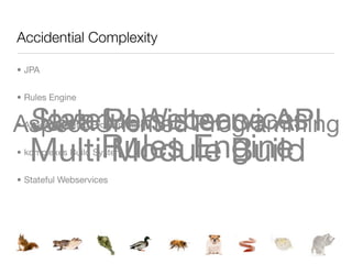Accidential Complexity

• JPA


• Rules Engine


 Stateful Webservices
 Java Persistence API
Aspect Oriented Programming
• Aspect Oriented Programming


   MultiRules Engine
        Module Build
• komplexes Build System


• Stateful Webservices
 