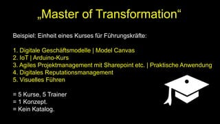 „Master of Transformation“
Beispiel: Einheit eines Kurses für Führungskräfte:
1. Digitale Geschäftsmodelle | Model Canvas
2. IoT | Arduino-Kurs
3. Agiles Projektmanagement mit Sharepoint etc. | Praktische Anwendung
4. Digitales Reputationsmanagement
5. Visuelles Führen
= 5 Kurse, 5 Trainer
= 1 Konzept.
= Kein Katalog.
 