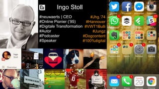 Quelle: #SMSS13
#neuwaerts | CEO
#Online Pionier (’95)
#Digitale Transformation
#Autor
#Podcaster
#Speaker
#Jhg.‘74
#Hannover
#VWT1Bulli
#Jungz
#Dogcontent
#100%digital
Ingo Stoll
 