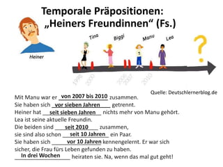 Temporale Präpositionen:
„Heiners Freundinnen“ (Fs.)
Mit Manu war er ________________ zusammen.
Sie haben sich ___________________ getrennt.
Heiner hat ___________________ nichts mehr von Manu gehört.
Lea ist seine aktuelle Freundin.
Die beiden sind ______________ zusammen,
sie sind also schon _______________ ein Paar.
Sie haben sich ________________ kennengelernt. Er war sich
sicher, die Frau fürs Leben gefunden zu haben.
__________________ heiraten sie. Na, wenn das mal gut geht!
Quelle: Deutschlernerblog.de
von 2007 bis 2010
vor sieben Jahren
seit sieben Jahren
seit 2010
seit 10 Jahren
vor 10 Jahren
In drei Wochen
 