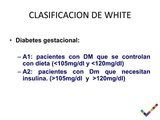 CLASIFICACION DE WHITE

• Diabetes gestacional:

  – A1: pacientes con DM que se controlan
    con dieta (<105mg/dl y <120mg/dl)
  – A2: pacientes con Dm que necesitan
    insulina. (>105mg/dl y >120mg/dl)
 