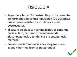 FISIOLOGÍA
• Segundo y Tercer Trimestre: Hay un incremento
  de hormonas de contra regulación (20-22sems.)
  que inducen resistencia insulínica a nivel
  postreceptor.
• El pasaje de glucosa y aminoácidos es continuo
  hacia el feto, causando disminución de
  gluconeogénesis y tendencia a la cetogénesis
  materna.
• Consecuencia:Tendencia a la cetogénesis en
  ayuna y normoglicemia postprandial.
 