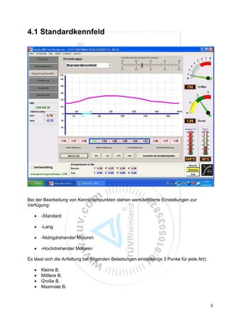 4.1 Standardkennfeld




Bei der Bearbeitung von Kennlinienpunkten stehen werkdefinierte Einstellungen zur
Verfügung:

   •   -Standard

   •   -Lang

   •   -Nidrigdrehender Motoren

   •   -Hochdrehender Motoren

Es lässt sich die Anfettung bei folgenden Belastungen einstellen(je 3 Punke für jede Art):

   •   Kleine B.
   •   Mittlere B.
   •   Große B.
   •   Maximale B.



                                                                                             8
 
