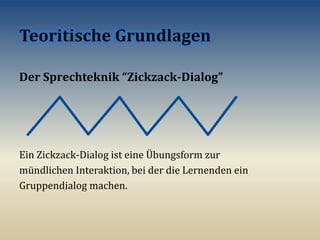 Der Sprechteknik “Zickzack-Dialog”
Ein Zickzack-Dialog ist eine Übungsform zur
mündlichen Interaktion, bei der die Lernenden ein
Gruppendialog machen.
 