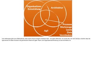 Prozesse
Werkzeuge
Leute
Ziele 
Verständnis
Organisations-
Entwicklung
Architektur
Agil
Und netterweise gibt es ein Methodenset, dass solche Dinge emergent entstehen lässt - die agilen Methoden. Ich würde also, frei nach DevOps, erwarten dass der
spannende Ort dieser Evolution die gemeinsame Arbeit der agilen Teams, der Organisationsentwicklung und der Architektur ist.
 