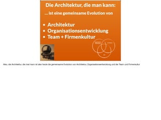 ä
Die Architektur, die man kann:
… ist eine gemeinsame Evolution von
• Architektur
• Organisationsentwicklung
• Team + Firmenkultur
Organisations-
Entwicklung
Architektur
Agil
Also, die Architektur, die man kann ist also heute die gemeinsame Evolution von Architektur, Organisationsentwicklung und der Team und Firmenkultur
 