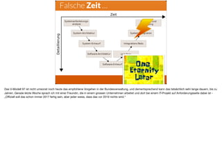 ä
Falsche Zeit …
Das V-Modell 97 ist nicht umsonst noch heute das empfohlene Vorgehen in der Bundesverwaltung, und dementsprechend kann das tatsächlich sehr lange dauern, bis zu
Jahren. Gerade letzte Woche sprach ich mit einer Freundin, die in einem grossen Unternehmen arbeitet und dort bei einem IT-Projekt auf Anforderungsseite dabei ist -
„Oﬃziell soll das schon immer 2017 fertig sein, aber jeder weiss, dass das vor 2019 nichts wird.“
 