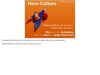 ä
Hero-Culture
Wer macht die Architektur,  
wenn nur einer das nötige Wissen hat?
Matthäus-Effekt: Zu Knowhow  
kommt mehr Knowhow
Informale Seite
Im Resultat macht der Hero auch oft die Architektur. Er sitzt auf dem Wissen, lässt andere nicht daran teilhaben.

Tribal Leadership nennt das Level 2, konkret „I am great, you are not“
 