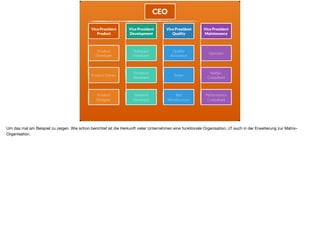 Vice President
Product
Vice President
Development
Vice President
Quality
Vice President
Maintenance
Product
Developer
Software
Developer
Quality  
Assurance
Operator
Product Owner
Frontend
Developer
Tester
NetSec 
Consultant
Product
Designer
Backend 
Developer
Test
Infrastructure
Performance
Consultant
CEO
Um das mal am Beispiel zu zeigen. Wie schon berichtet ist die Herkunft vieler Unternehmen eine funktionale Organisation, zT auch in der Erweiterung zur Matrix-
Organisation.
 