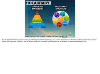 Eine der Organisationsformen mit einem sehr guten Marketing-Department ist Holacracy - hier in einem Screenshot eines Berichtes auf Aljazeera. Diese Form wird also
wirklich ernst genommen. Holacracy - oder auf deutsch Holokratie - ist eine der Organisationsformen, die auf Basis von agiler Arbeit entstanden sind.
 