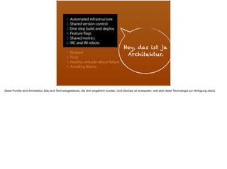 Hey, das ist ja
Architektur.
Diese Punkte sind Architektur. Das sind Technologiestacks, die dort eingeführt wurden. Und DevOps ist enstanden, weil jetzt diese Technologie zur Verfügung stand.
 