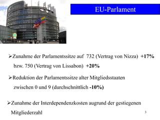 3
EU-Parlament
Zunahme der Parlamentssitze auf 732 (Vertrag von Nizza) +17%
bzw. 750 (Vertrag von Lissabon) +20%
Reduktion der Parlamentssitze alter Mitgliedsstaaten
zwischen 0 und 9 (durchschnittlich -10%)
Zunahme der Interdependenzkosten augrund der gestiegenen
Mitgliederzahl
 
