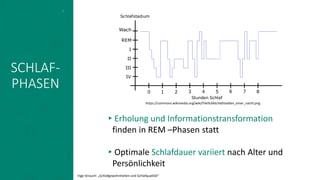 SCHLAF-
PHASEN
▸Erholung und Informationstransformation
finden in REM –Phasen statt
▸Optimale Schlafdauer variiert nach Alter und
Persönlichkeit
9
https://commons.wikimedia.org/wiki/File%3ASchlafstadien_einer_nacht.png
Inge Strauch: „Schlafgewohnheiten und Schlafqualität“
 