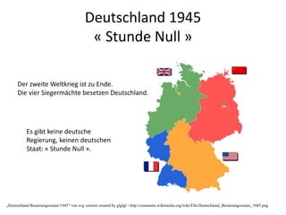 Deutschland 1945
« Stunde Null »
Es gibt keine deutsche
Regierung, keinen deutschen
Staat: « Stunde Null ».
Der zweite Weltkrieg ist zu Ende.
Die vier Siegermächte besetzen Deutschland.
„Deutschland Besatzungszonen 1945“ von svg version created by glglgl - http://commons.wikimedia.org/wiki/File:Deutschland_Besatzungszonen_1945.png
 