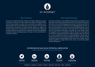 Fordern Sie eine Demo an auf www.atinternet.com
ENTDECKEN SIE DAS VOLLE POTENTIAL IHRER DATEN
BORDEAUX - HAMBURG - LONDON - MOSKAU - MÜNCHEN - NEW YORK - PARIS - SINGAPUR
Folgen Sie uns auf
TWITTER
Folgen Sie uns auf
YOUTUBE
Folgen Sie uns auf
DA BLOG
Folgen Sie uns auf
SLIDESHARE
Folgen Sie uns auf
LINKEDIN
Über AT Internet
Als einer der weltweit führenden Anbieter für Digital Intelligence-Lösungen,
unterstützt AT Internet seit 1996 Unternehmen dabei, ihre digitale Perfor-
mance auf allen Kanälen zu messen und zu optimieren. Die Expertise von AT
Internet beginnt bei der Rohdatensammlung und erstreckt sich über deren
Verarbeitung in Echtzeit bis zur Analyse und dem Gewinn von Insights. Die
Analytics-Lösung von AT Internet wird für mehr als 20.000 Sites und Apps auf
der ganzen Welt und in allen Branchen verwendet. Mit über 200 Angestellten
und seinen Kunden, Niederlassungen und Partnern ist das Unternehmen in
32 Ländern vertreten.
Über Decode Consulting
DecodekannaufDatenvonüber3MillionenAppsweltweitzurückgreifen.Damit
bietet das Unternehmen benutzerdefinierte und unverzichtbare Einsichten in
den Markt um Ihre mobile Strategie voranzutreiben. Decode wurde 2010 von
zwei Start-Up Experten aus dem Bereich Consulting gegründet. Mit über 15
Jahren Erfahrung haben Sie einen innovativen B2B Software-Editor und ein
Consultingunternehmen, spezialisiert auf mobile Kanäle, entwickelt. Bei der
Arbeit an individuellen Benchmarks und Studien für unsere Kunden haben
wir festgestellt, dass der unglaubliche Erfolg des Markts für mobile Apps es
unverzichtbar machte diesen ständig im Auge zu behalten. Aber das manuell
zu tun, wäre unglaublich komplex und zeitaufwändig! Mit Decode Apps ist
das jetzt einfach. Es ist die erste App Intelligence-Plattform, mit der man über
verschiedene Stores hinweg weltweit suchen, Benchmarks erstellen und den
globalen App-Markt im Auge behalten kann. Genau so, wie SIE das wollen!
www.decodeapps.com
 