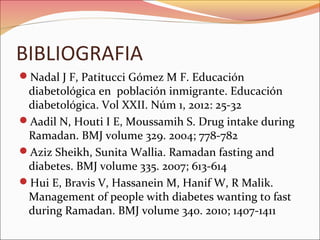 BIBLIOGRAFIA
Nadal J F, Patitucci Gómez M F. Educación
 diabetológica en población inmigrante. Educación
 diabetológica. Vol XXII. Núm 1, 2012: 25-32
Aadil N, Houti I E, Moussamih S. Drug intake during
 Ramadan. BMJ volume 329. 2004; 778-782
Aziz Sheikh, Sunita Wallia. Ramadan fasting and
 diabetes. BMJ volume 335. 2007; 613-614
Hui E, Bravis V, Hassanein M, Hanif W, R Malik.
 Management of people with diabetes wanting to fast
 during Ramadan. BMJ volume 340. 2010; 1407-1411
 