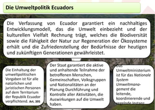 Die Umweltpolitik Ecuadors

Die Verfassung von Ecuador garantiert ein nachhaltiges
Entwicklungsmodell, das die Umwelt einbezieht und der
kulturellen Vielfalt Rechnung trägt, welches die Biodiversität
sowie die Fähigkeit der Natur zur Regeneration der Ökosysteme
erhält und die Zufriedenstellung der Bedürfnisse der heutigen
und zukünftigen Generationen gewährleistet.

                          Der Staat garantiert die aktive    Das
Die Einhaltung der        und anhaltende Teilnahme der       Umweltministerium
umweltpolitischen         betroffenen Menschen,              ist für das Nationale
Vorgaben ist für alle     Gemeinschaften, Volksgruppen       System
natürlichen und           und Nationalitäten an der          Umweltmana-
juristischen Personen     Planung Durchführung und           gement die
auf dem Territorium                                          leitende,
                          Kontrolle aller Aktivitäten, die
der Republik Ecuador                                         koordinierende und
verpflichtend. Art. 395   Auswirkungen auf die Umwelt
                          haben.                             regelnde Instanz.
 