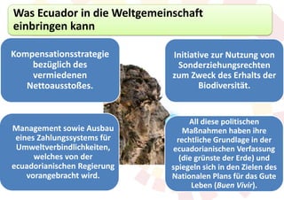 Was Ecuador in die Weltgemeinschaft
einbringen kann

Kompensationsstrategie       Initiative zur Nutzung von
    bezüglich des             Sonderziehungsrechten
    vermiedenen              zum Zweck des Erhalts der
   Nettoausstoßes.                  Biodiversität.


                                   All diese politischen
Management sowie Ausbau          Maßnahmen haben ihre
 eines Zahlungssystems für     rechtliche Grundlage in der
 Umweltverbindlichkeiten,     ecuadorianischen Verfassung
      welches von der           (die grünste der Erde) und
ecuadorianischen Regierung   spiegeln sich in den Zielen des
    vorangebracht wird.      Nationalen Plans für das Gute
                                    Leben (Buen Vivir).
 